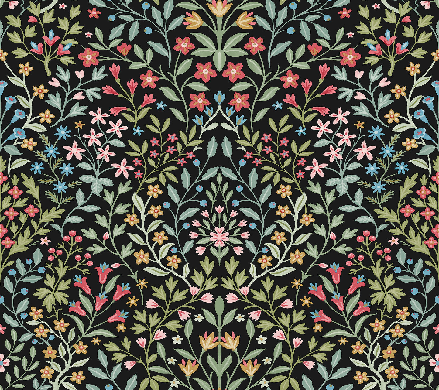 Dark floral botanical print with pink, yellow, blue and green blossoms and leaves on a black background.