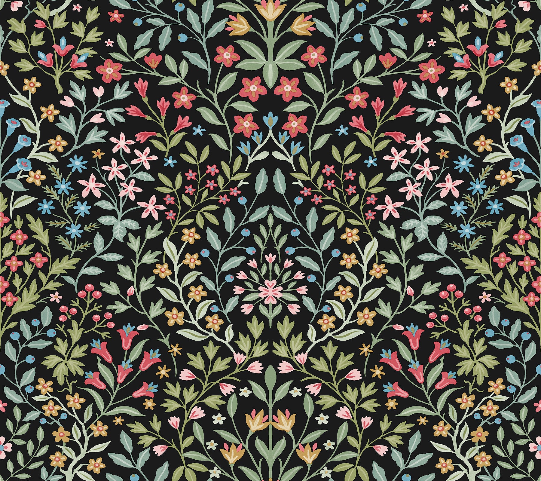 Dark floral botanical print with pink, yellow, blue and green blossoms and leaves on a black background.