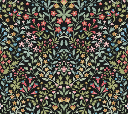Dark floral botanical print with pink, yellow, blue and green blossoms and leaves on a black background.