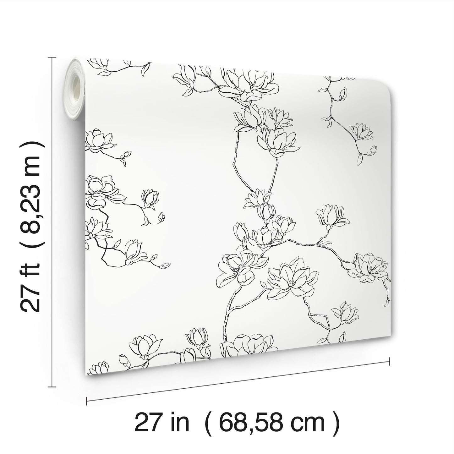 Wallpaper roll: 27 in wide x 27 ft long, pale gray with black line-drawn magnolia branches.