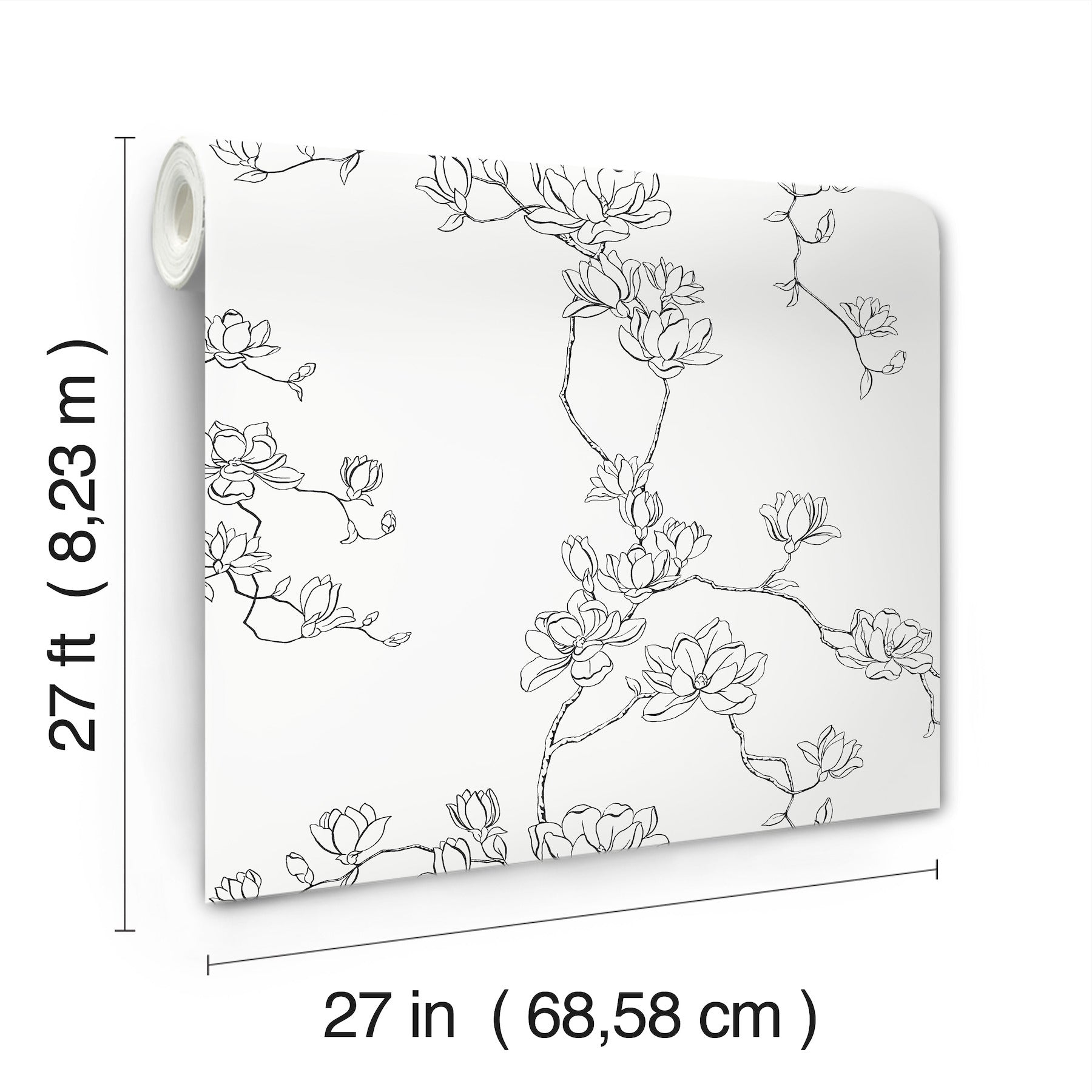 Wallpaper roll: 27 in wide x 27 ft long, pale gray with black line-drawn magnolia branches.