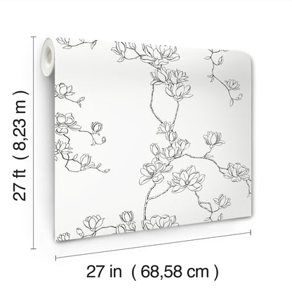 Wallpaper roll: 27 in wide x 27 ft long, pale gray with black line-drawn magnolia branches.