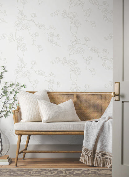 York Wallcoverings Magnolia Home 4 Magnolia Branches Botanical Farmhouse White, Offwhite   - MF4732