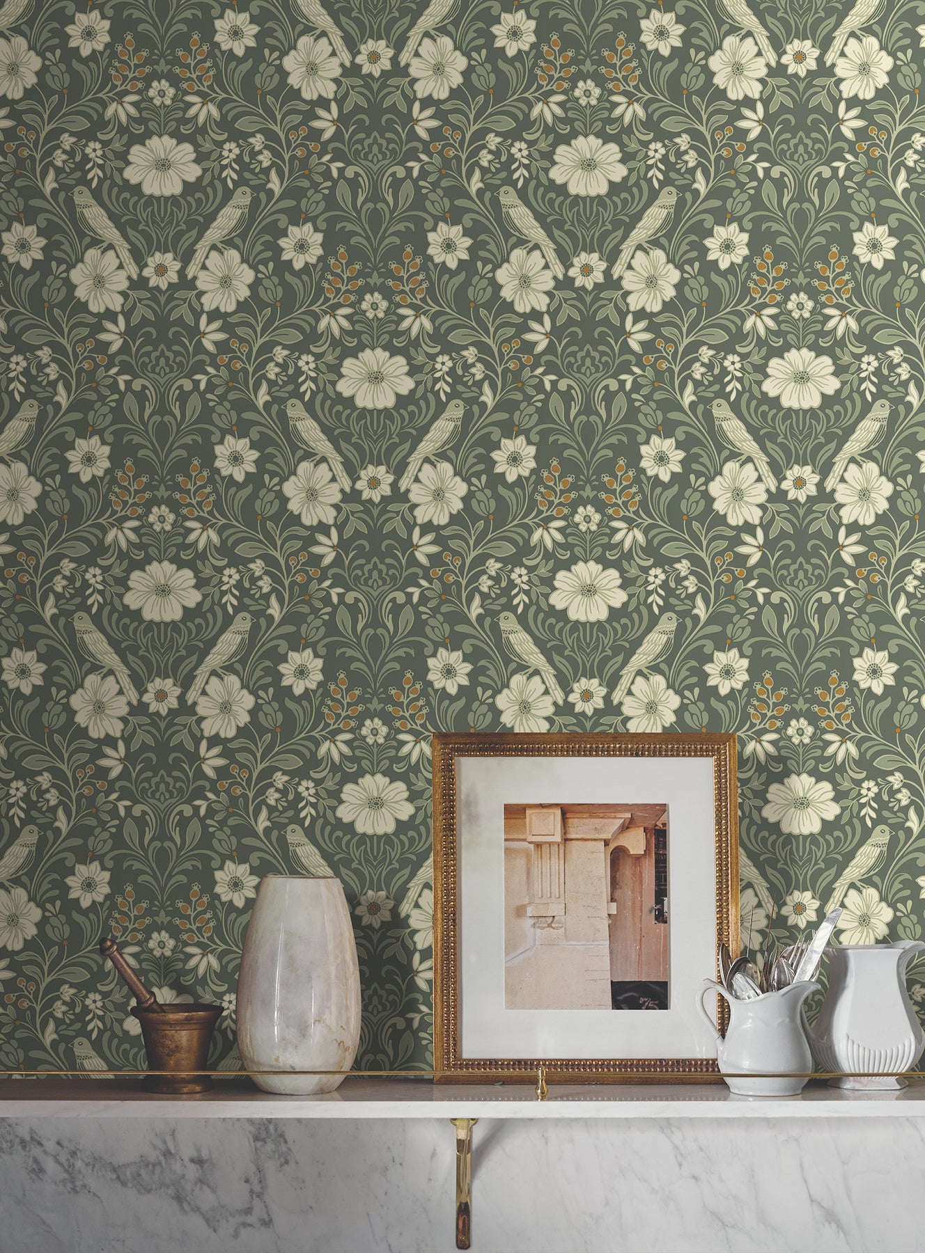 York Wallcoverings Magnolia Home 4 Colette Olive Wallpaper Modern Botanical Greens   - MF4741