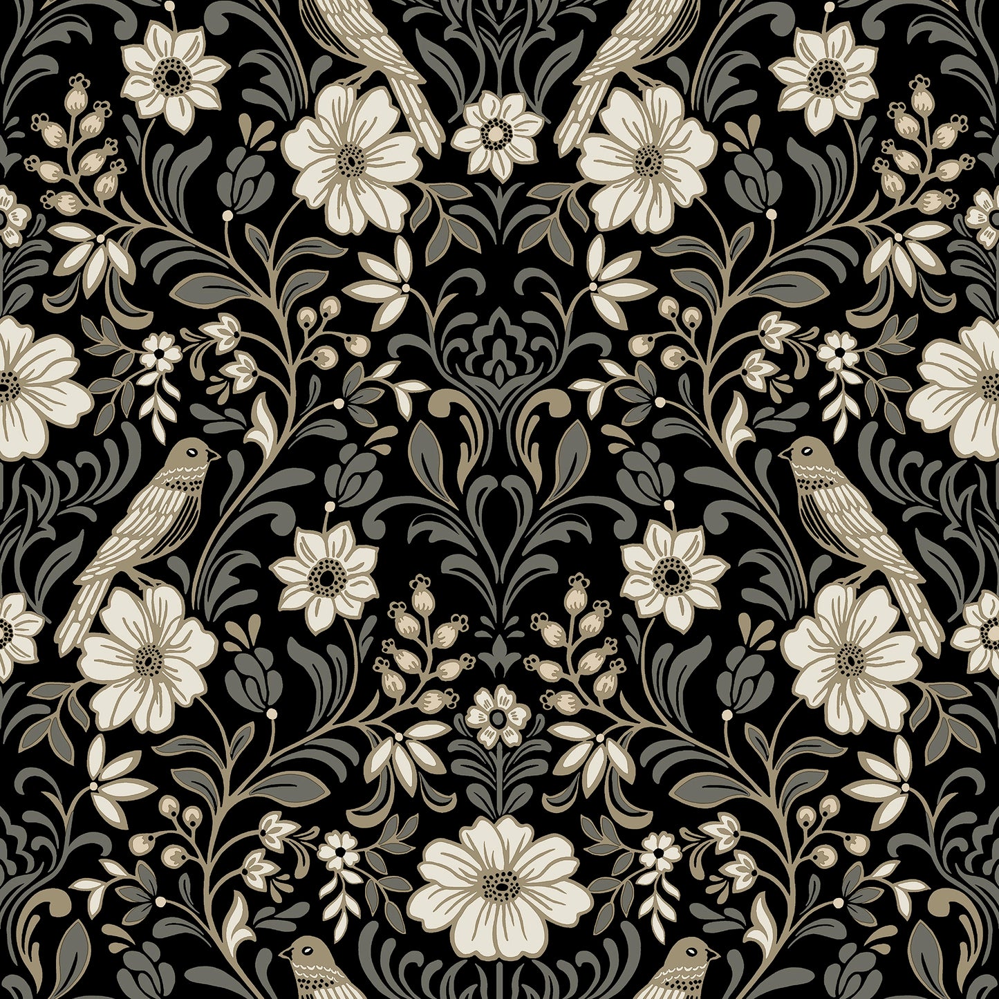 York Wallcoverings Magnolia Home 4 Colette Black Wallpaper Modern Botanical Blacks   - MF4742
