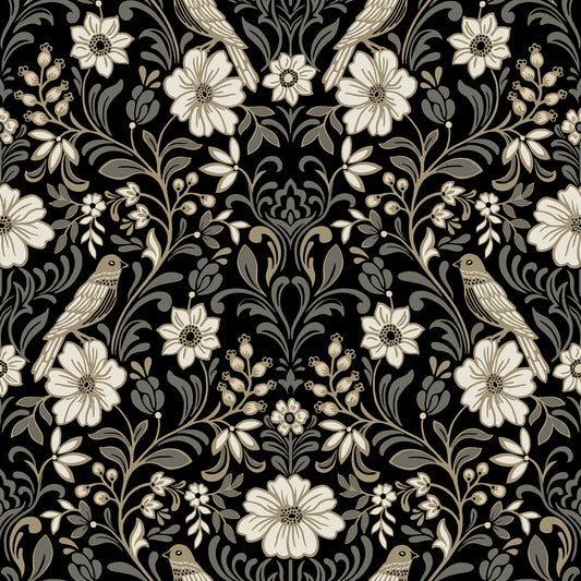 York Wallcoverings Magnolia Home 4 Colette Black Wallpaper Modern Botanical Blacks   - MF4742
