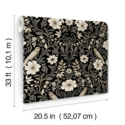 York Wallcoverings Magnolia Home 4 Colette Black Wallpaper Modern Botanical Blacks   - MF4742