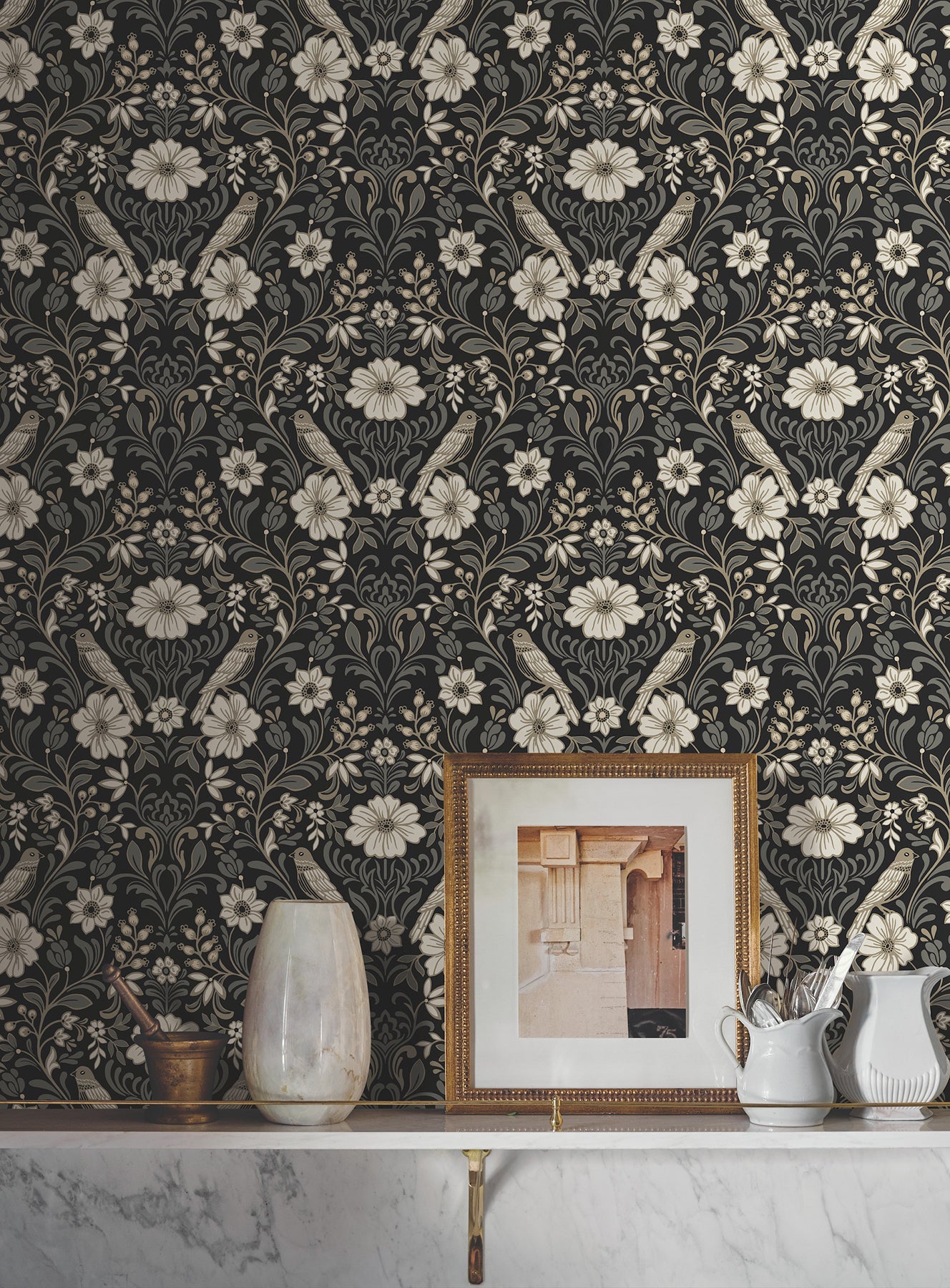 York Wallcoverings Magnolia Home 4 Colette Black Wallpaper Modern Botanical Blacks   - MF4742
