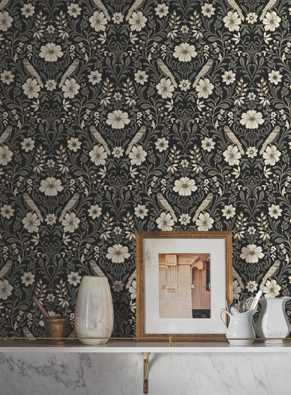 York Wallcoverings Magnolia Home 4 Colette Black Wallpaper Modern Botanical Blacks   - MF4742