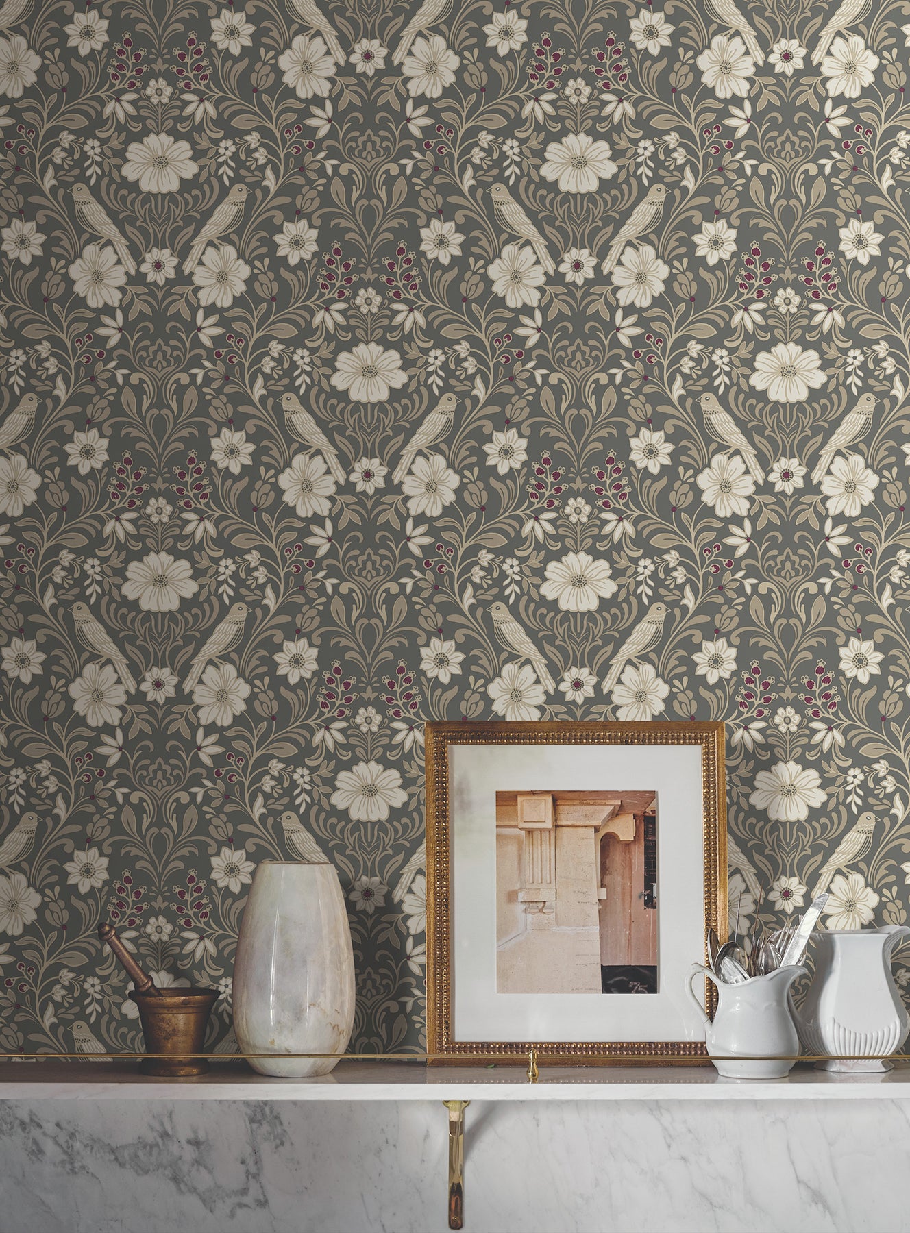 York Wallcoverings Magnolia Home 4 Colette Charcoal Wallpaper Modern Botanical Greys   - MF4743