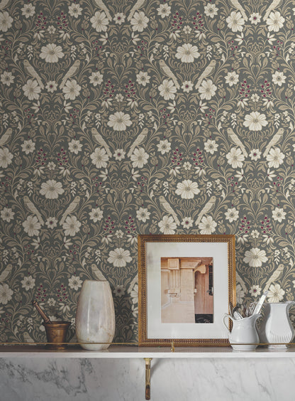 York Wallcoverings Magnolia Home 4 Colette Charcoal Wallpaper Modern Botanical Greys   - MF4743