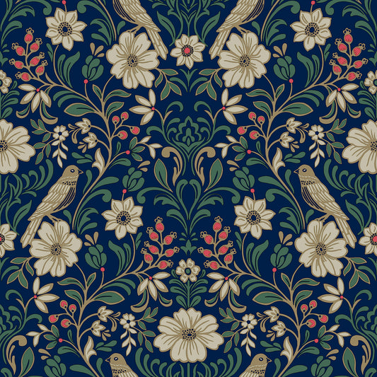 York Wallcoverings Magnolia Home 4 Colette Navy Wallpaper Modern Botanical Blues   - MF4745