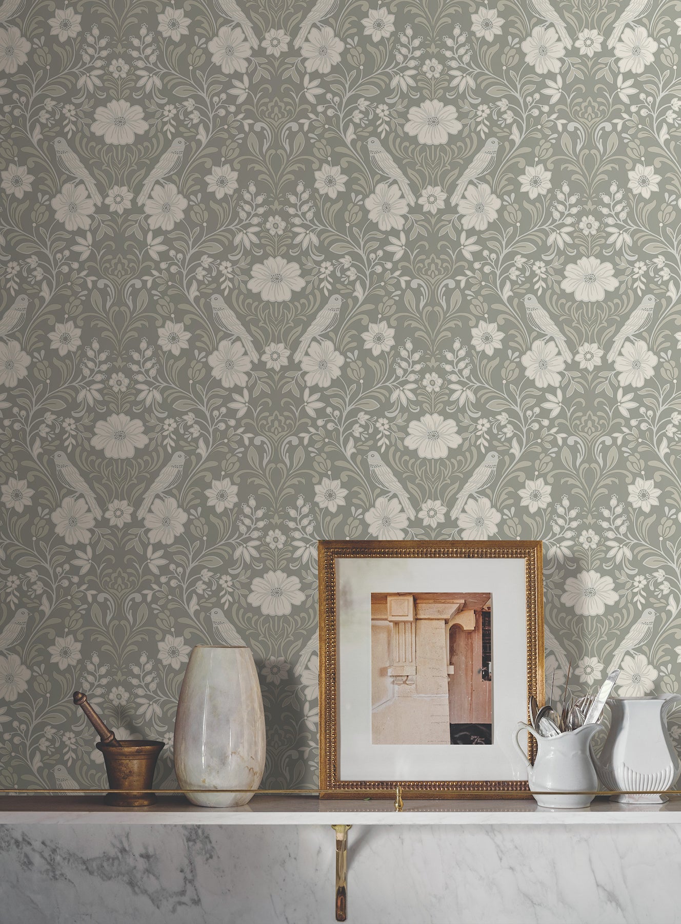 York Wallcoverings Magnolia Home 4 Colette Grey Wallpaper Modern Botanical Greys   - MF4746