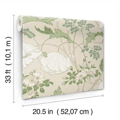 York Wallcoverings Magnolia Home 4 Gwendolyn Ecru and Green Wallpaper Farmhouse Florals Beiges   - MF4751