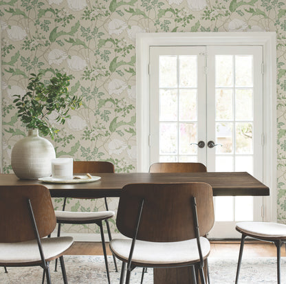 York Wallcoverings Magnolia Home 4 Gwendolyn Ecru and Green Wallpaper Farmhouse Florals Beiges   - MF4751