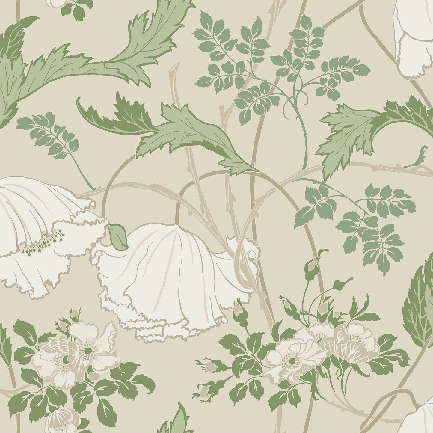 York Wallcoverings Magnolia Home 4 Gwendolyn Ecru and Green Wallpaper Farmhouse Florals Beiges   - MF4751