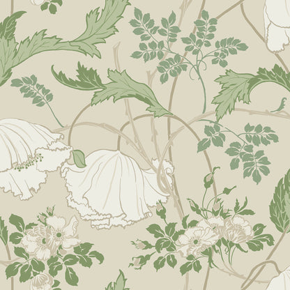 York Wallcoverings Magnolia Home 4 Gwendolyn Ecru and Green Wallpaper Farmhouse Florals Beiges   - MF4751