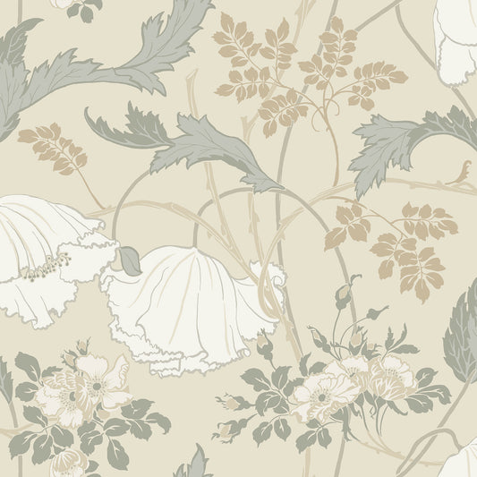 York Wallcoverings Magnolia Home 4 Gwendolyn Ivory and Grey Wallpaper Farmhouse Florals Beiges   - MF4753