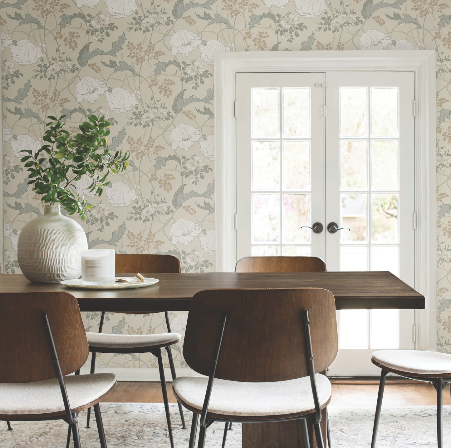 Magnolia Home Gwendolyn Ivory & Grey floral wallpaper showing delicate leafy vines in soft sage, taupe and grey tones — ideal for vintage, farmhouse or modern interiors