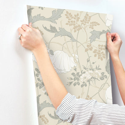 York Wallcoverings Magnolia Home 4 Gwendolyn Ivory and Grey Wallpaper Farmhouse Florals Beiges   - MF4753