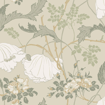 York Wallcoverings Magnolia Home 4 Gwendolyn Linen and Sage Wallpaper Farmhouse Florals Beiges   - MF4754