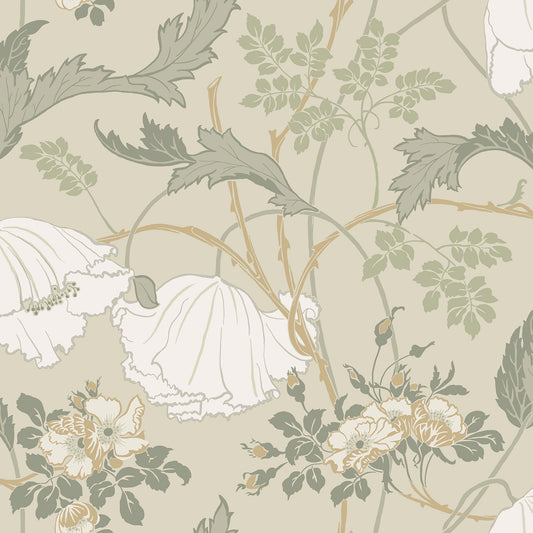 York Wallcoverings Magnolia Home 4 Gwendolyn Linen and Sage Wallpaper Farmhouse Florals Beiges   - MF4754