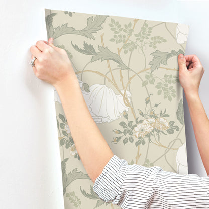 York Wallcoverings Magnolia Home 4 Gwendolyn Linen and Sage Wallpaper Farmhouse Florals Beiges   - MF4754