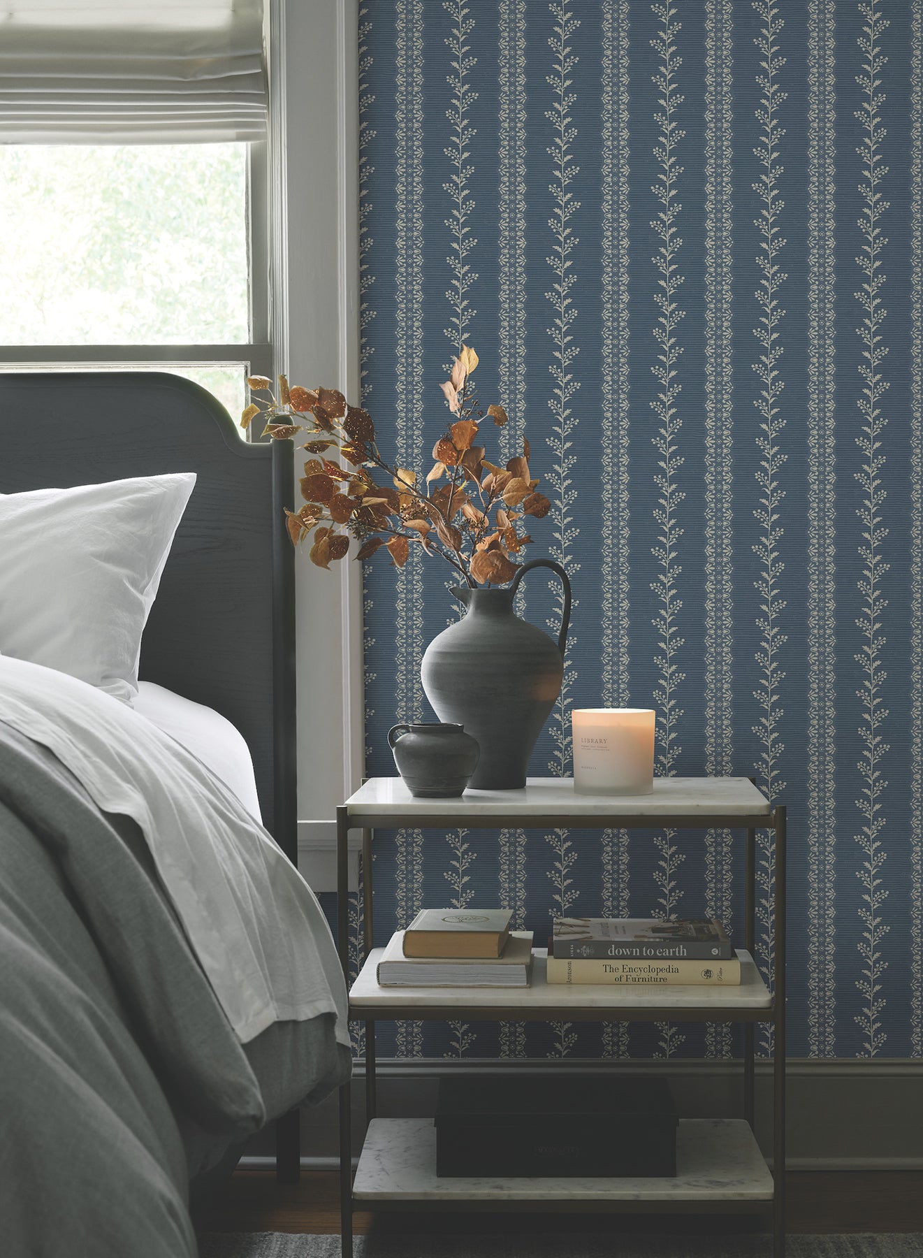 York Wallcoverings Magnolia Home 4 Everleigh Navy Wallpaper Transitional Botanical Blues   - MF4766