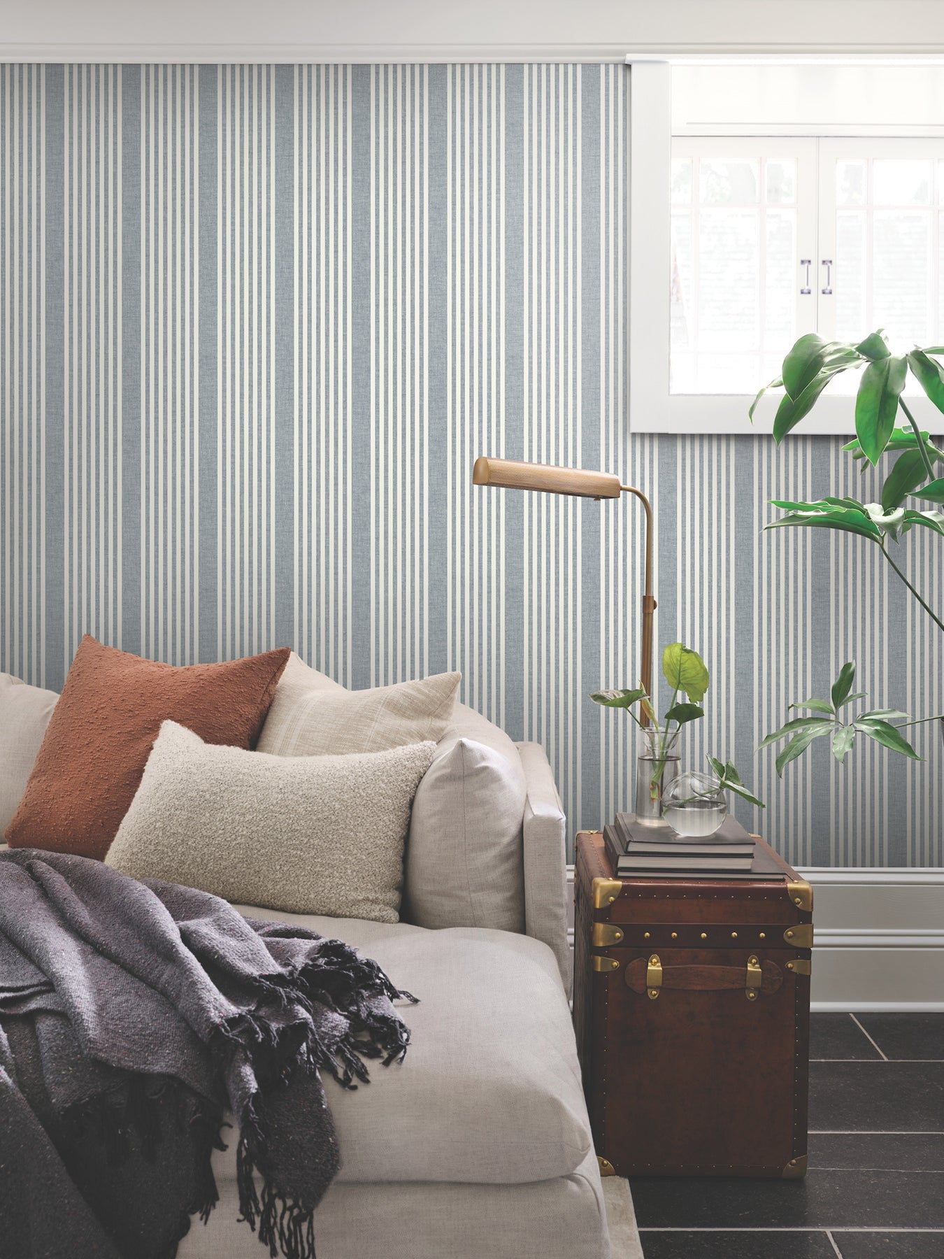 York Wallcoverings Magnolia Home 4 French Navy Linen Stripe Wallpaper Farmhouse Stripes Blues   - MF4768