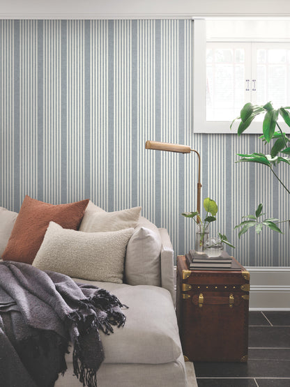 York Wallcoverings Magnolia Home 4 French Linen Stripe Stripes Farmhouse Blue   - MF4768