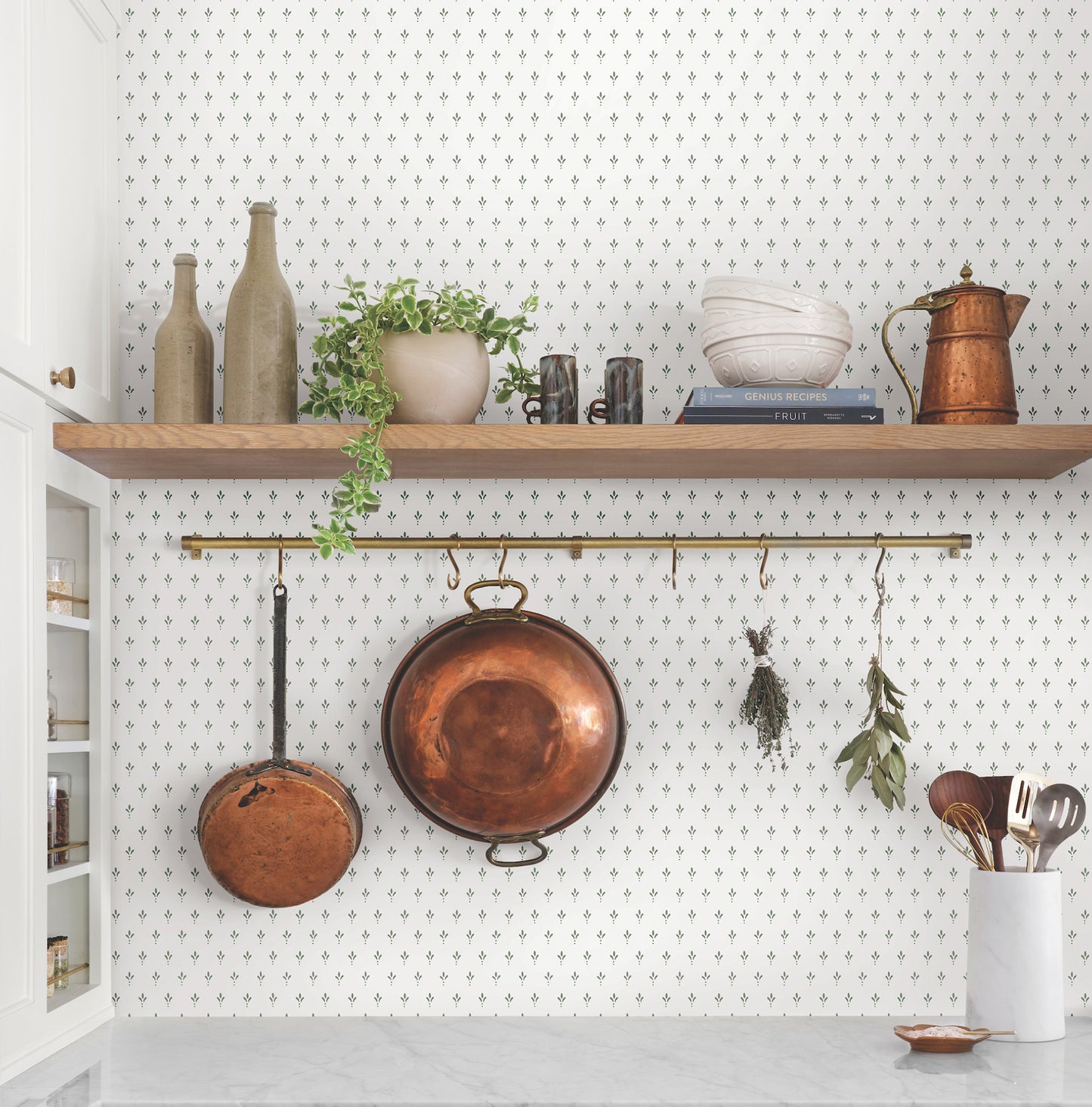 York Wallcoverings Magnolia Home 4 Charm Sage Wallpaper Traditional Small Prints Whites and Off-Whites   - MF4774