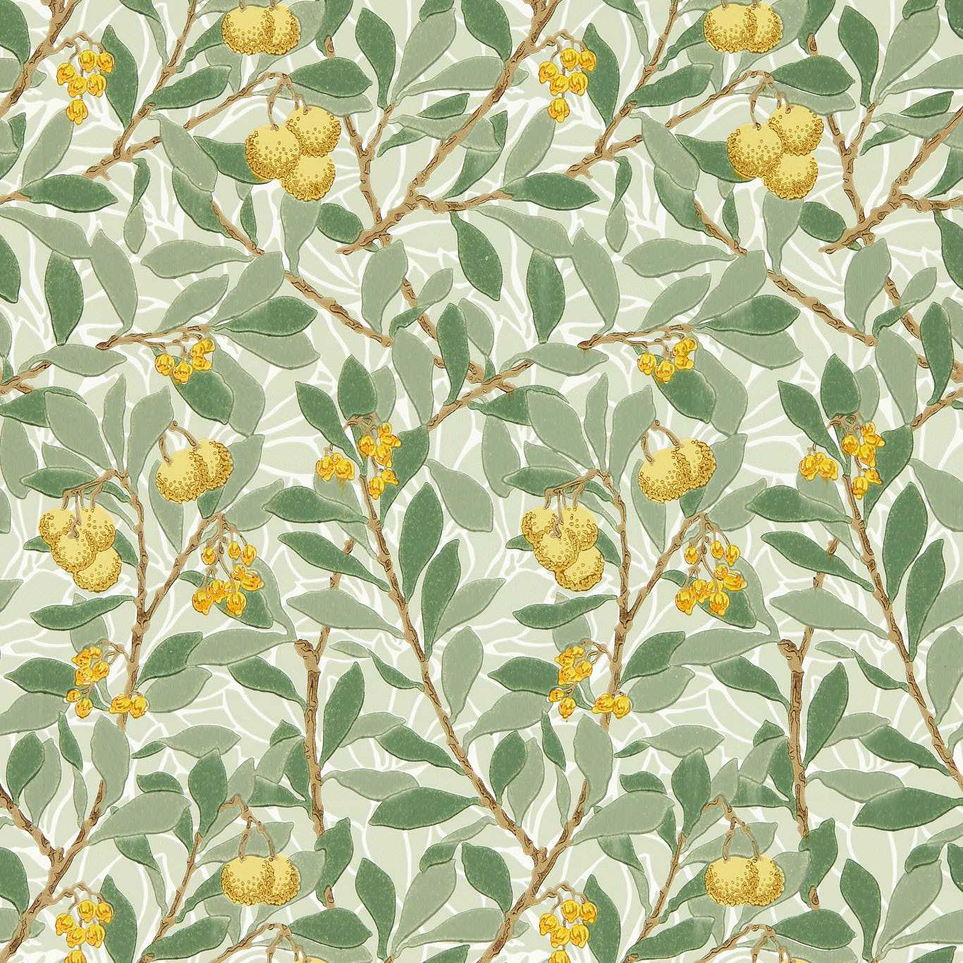 MORRIS & CO Arbutus Wallpaper Leaves , Trees Sage,Lemon  Surflex-Printed Wallpaper - MFRW217356