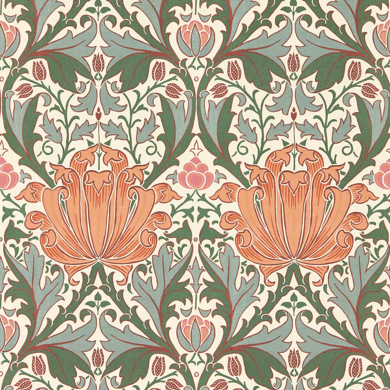 MORRIS & CO Helena Wallpaper Contemporary, Floral Peach,Teal  Digital Printed Wallpaper Wide Width - MFRW217361