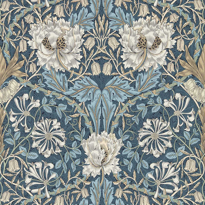 Luxury floral wallpaper with mirrored honeysuckle and tulip pattern in woad blue and thyme green, William Morris Morris & Co heritage Arts and Crafts design, elegant symmetrical botanical wallcovering for classic traditional interiors