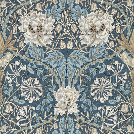 MORRIS & CO Honeysuckle & Tulip Wallpaper Classic Floral Woad,Thyme  Rotary Printed Wallpaper - MFRW217371