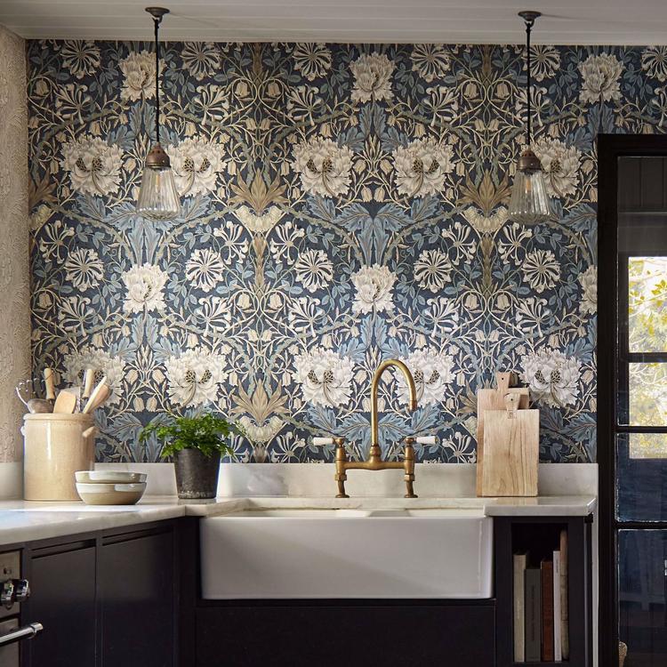 Luxury floral wallpaper with mirrored honeysuckle and tulip pattern in woad blue and thyme green, William Morris Morris & Co heritage Arts and Crafts design, elegant symmetrical botanical wallcovering for classic traditional interiors