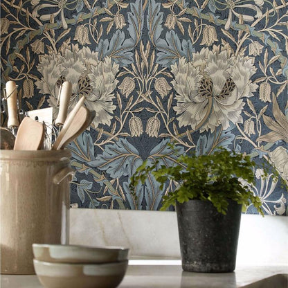 Luxury floral wallpaper with mirrored honeysuckle and tulip pattern in woad blue and thyme green, William Morris Morris & Co heritage Arts and Crafts design, elegant symmetrical botanical wallcovering for classic traditional interiors