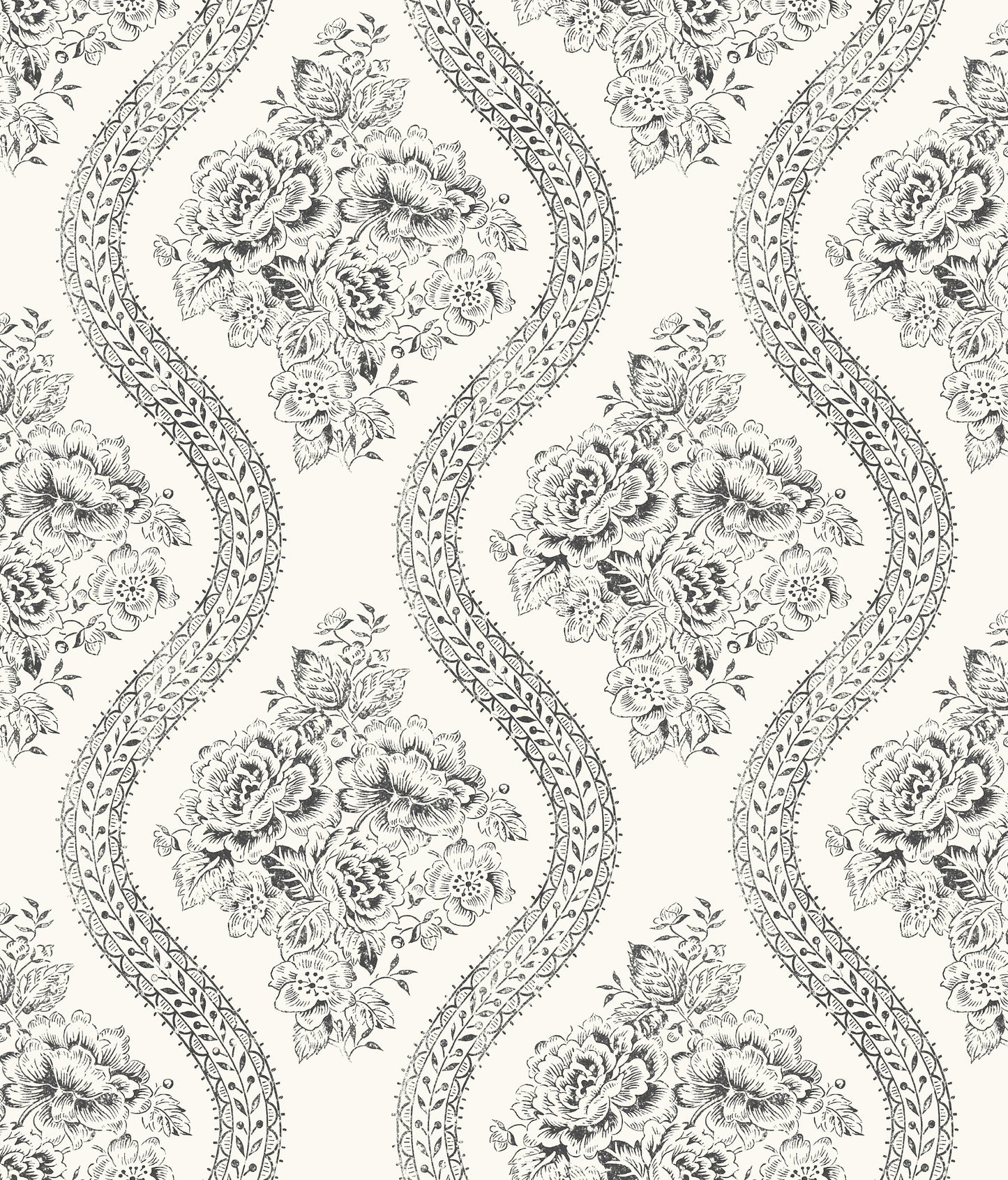 York Wallcoverings Magnolia Home Coverlet Floral Black and Off White Wallpaper   Whites and Off-Whites   - MH1597