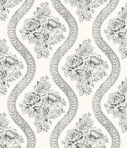 York Wallcoverings Magnolia Home Coverlet Floral Black and Off White Wallpaper   Whites and Off-Whites   - MH1597