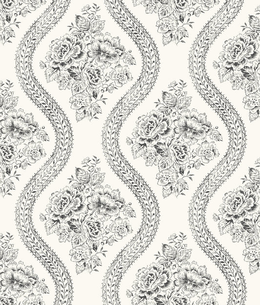York Wallcoverings Magnolia Home Coverlet Floral Black and Off White Wallpaper   Whites and Off-Whites   - MH1597