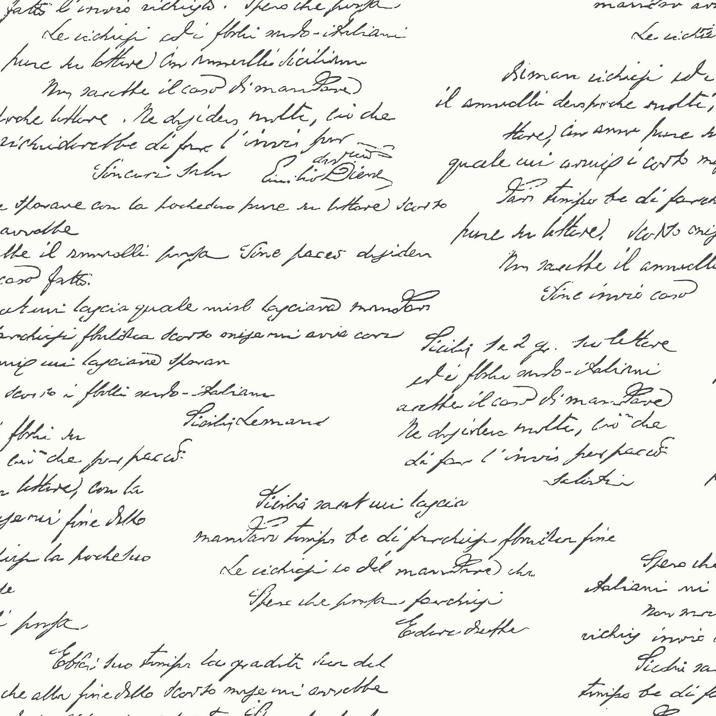 White wallpaper with a repeating black cursive handwriting print in a vintage script style.