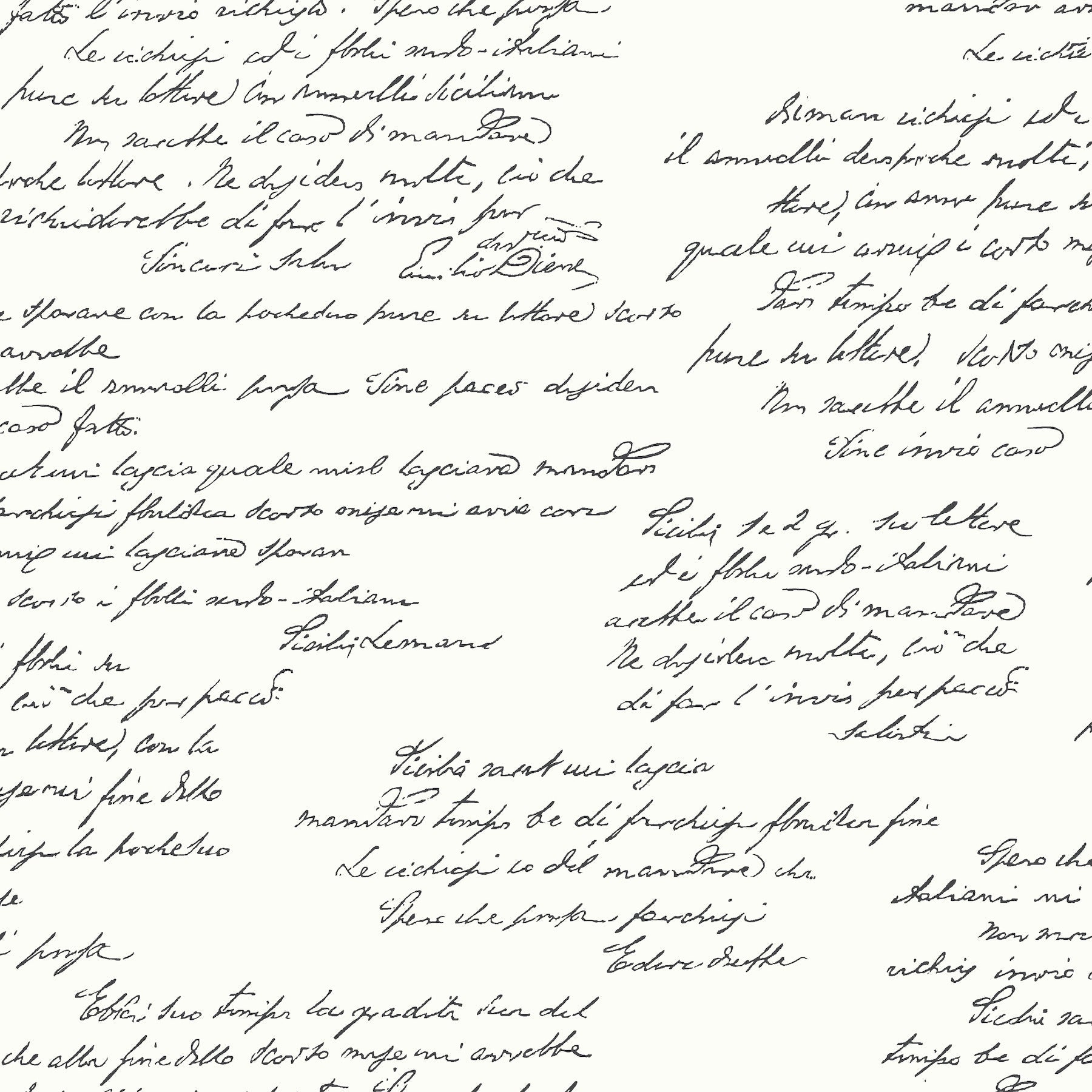 White wallpaper with a repeating black cursive handwriting print in a vintage script style.