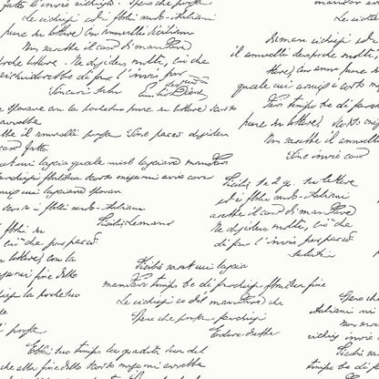 White wallpaper with a repeating black cursive handwriting print in a vintage script style.