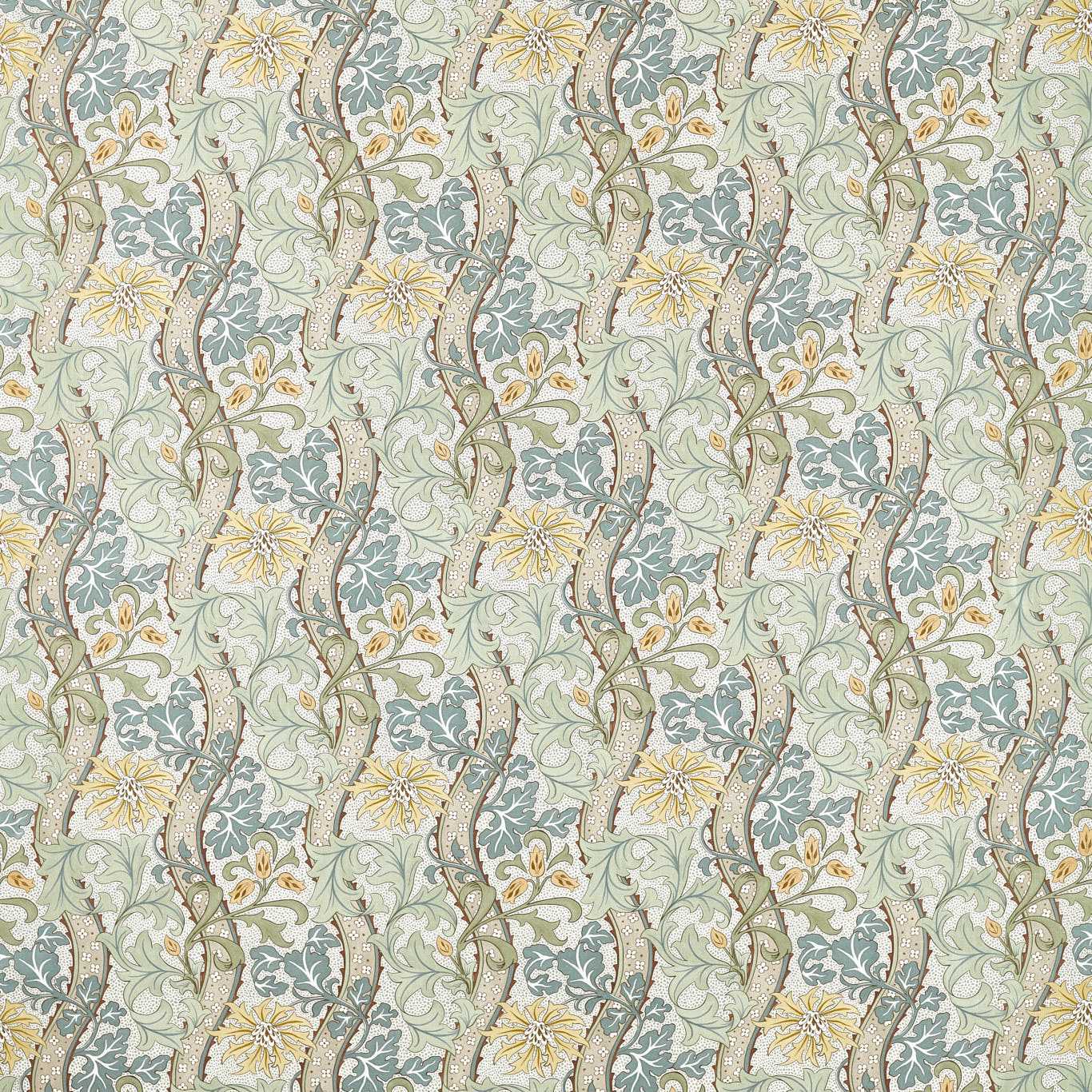 Morris & Co Cornflower hemp fabric MHTF227357 in lemon and sage — archival floral vine pattern with tulips, daisies, acanthus and cornflowers, ideal for curtains, upholstery or cushions.