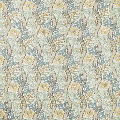 Morris & Co Cornflower hemp fabric MHTF227357 in lemon and sage — archival floral vine pattern with tulips, daisies, acanthus and cornflowers, ideal for curtains, upholstery or cushions.