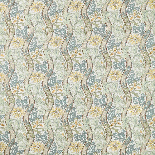 Morris & Co Cornflower hemp fabric MHTF227357 in lemon and sage — archival floral vine pattern with tulips, daisies, acanthus and cornflowers, ideal for curtains, upholstery or cushions.