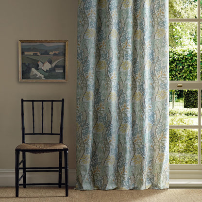 Morris & Co Cornflower hemp fabric MHTF227357 in lemon and sage — archival floral vine pattern with tulips, daisies, acanthus and cornflowers, ideal for curtains, upholstery or cushions.