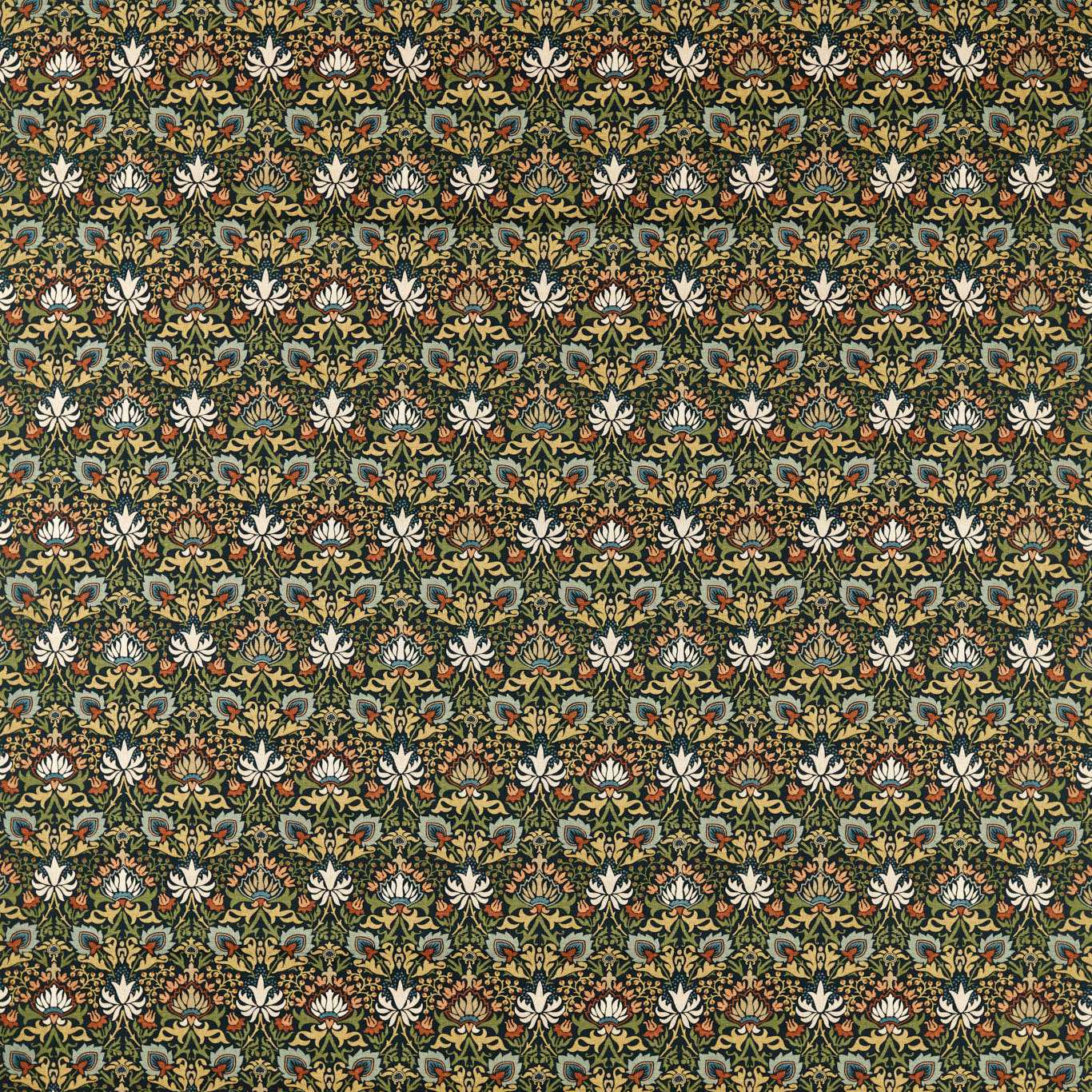 MORRIS & CO Meda Iris Fabric Classic Floral Forest,Russet   - MHTF227367