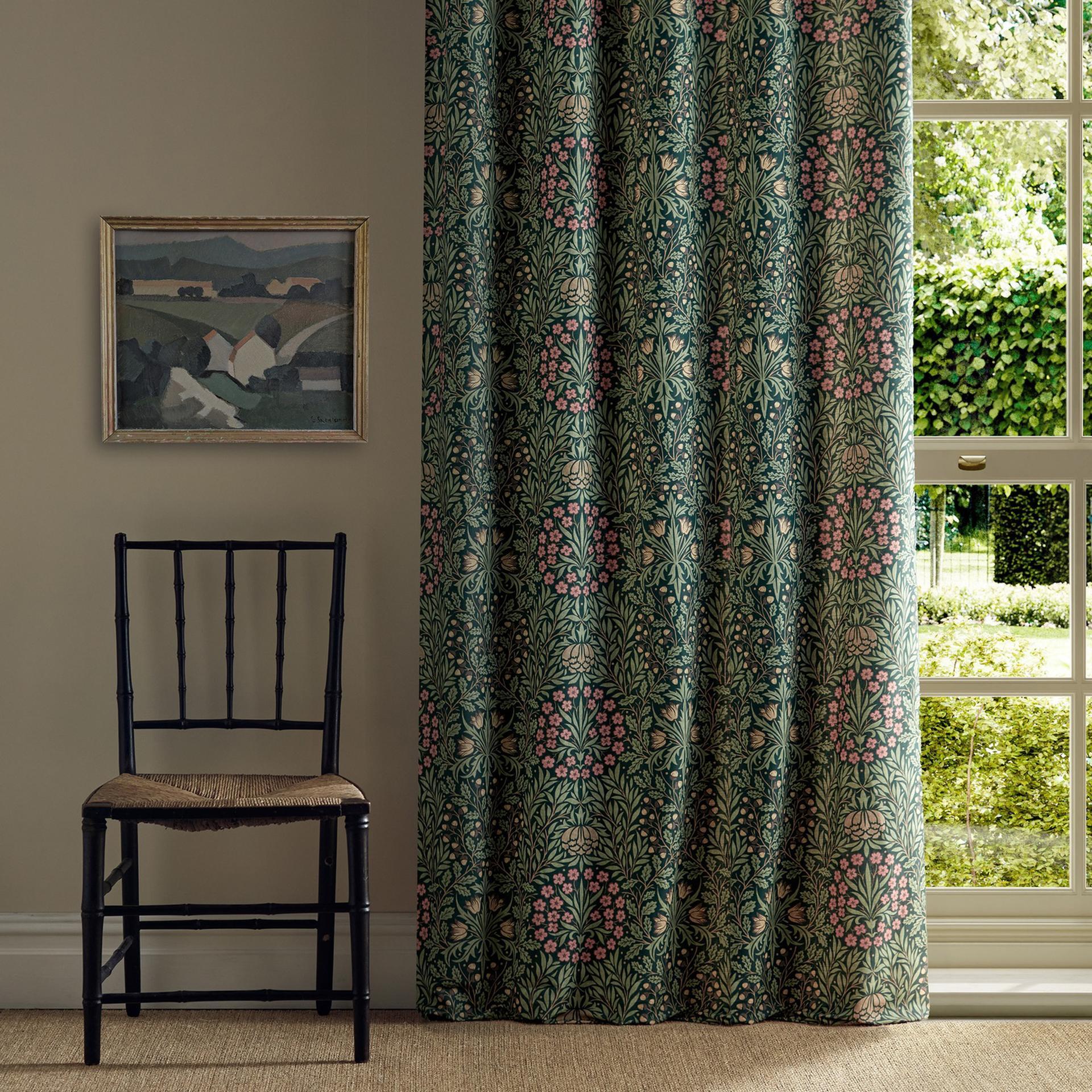 Morris & Co Daisy & Oak Fabric in Forest – archival botanical design featuring oak leaves and acorns, printed on a linen/cotton blend, ideal for upholstery, drapery, and cushions.
