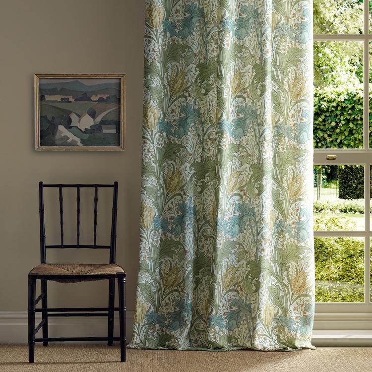 William Morris “Lent Lily” Fabric in Lemon Balm featuring yellow daffodils and green foliage on linen, perfect for drapery, cushions, or elegant upholstery.
